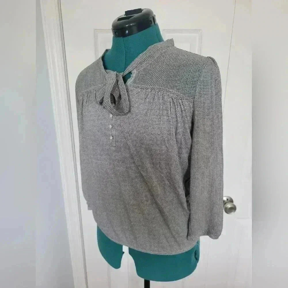 LOFT XS Grey and Black patterned bow neck blouse